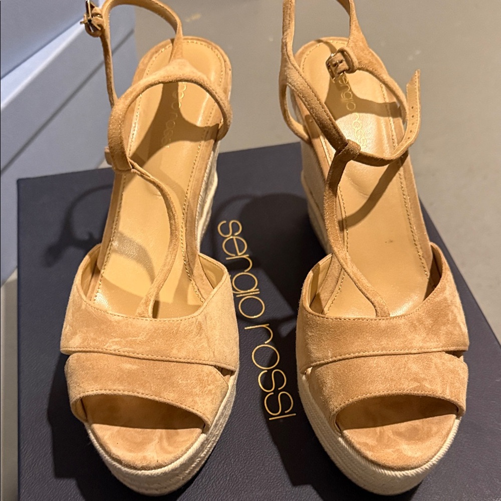 Sergio Rossi Tan Suede Wedge Sandals